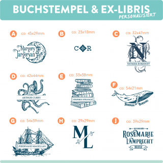 Buchstempel / Ex-Libris mit Wunschinitialen/Namen (verschiedene Größen & Designs)
